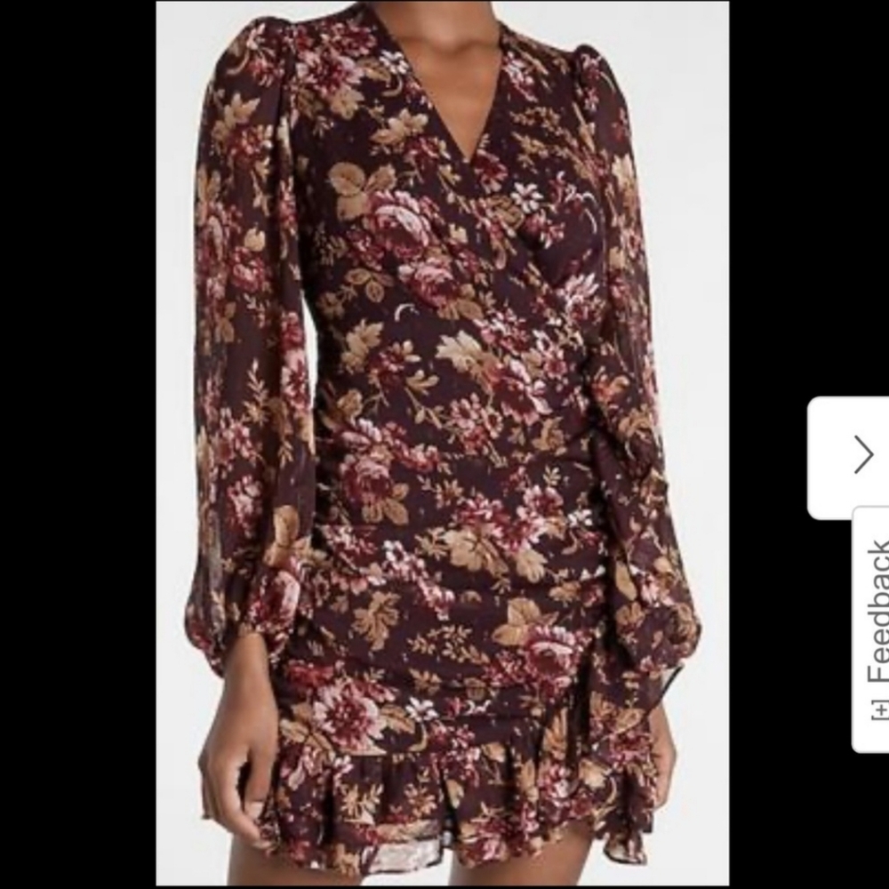 Express Metallic Faux Wrap Ruffle Detail Mini Dress Size XS Sheer Sleeve Party